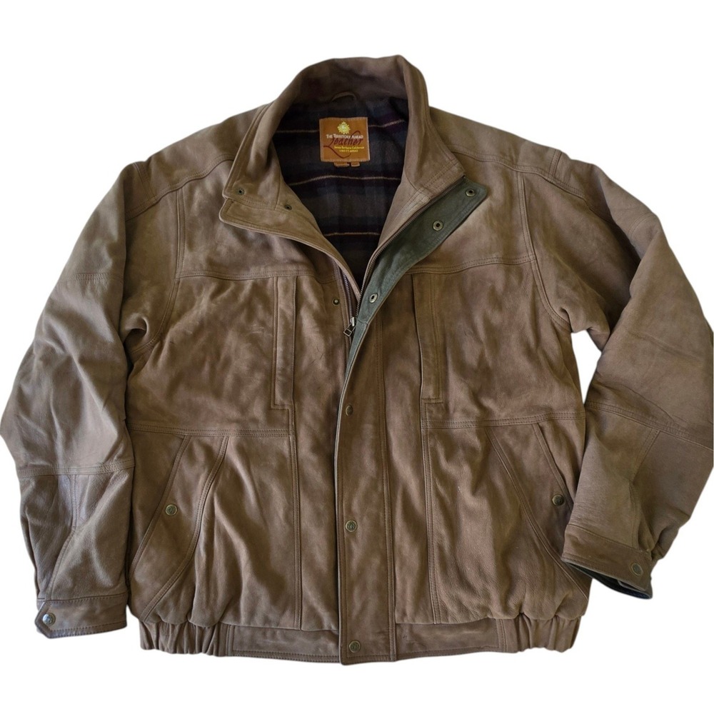 Territory Ahead Mens Leather Bomber Jacket Brown Suede Plaid Lined 2XL DAMAGE
